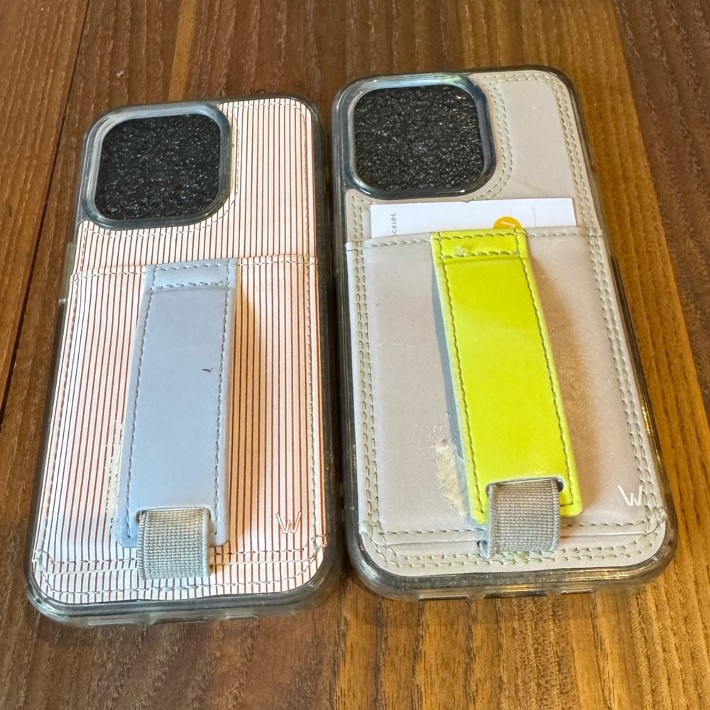 Card Pocket Phone Case with Pull Strap - Pink Stripe & Neon Yellow